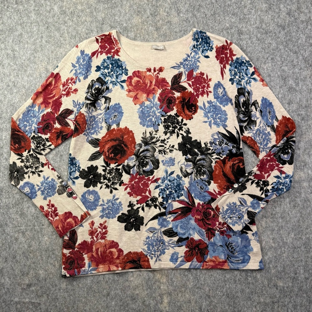 Chicos Sweater Women Sz L Multicolor Rose Print Button Cuff Long Sleeve Pullover